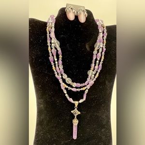 Estate Crystal And Amethyst Necklace With Amethyst Point Pendant. Clip Earrings